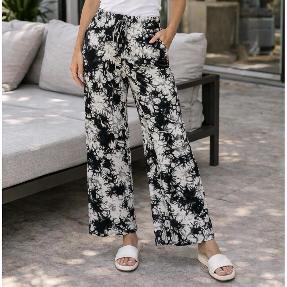 Leggings Depot L Black White Tie Dye Wide Leg Lounge Pants Pockets A17